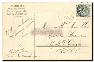 Wesołych i szczęśliwych świąt — kartka pocztowa z Uniwersalnej Unii Pocztowej — wydawca: Postkarte, Weltpostverein, Carte postale, Union postale universelle — Rewers