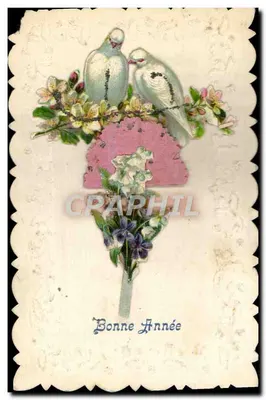 Duas pombas em ramo floral — 'Bom Ano' — Carte postal antiga
