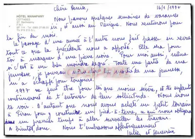 Bilhete postal moderno Hotel Manapany Cottages Saint Barthelemy — Verso