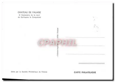 Castello di Falaise — 9° Centenario della morte di Guglielmo il Conquistatore — Edito dalla Società Filatelica di Falaise — Verso