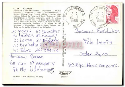 Calvados — Tarjeta postal turística con mapa de carreteras y fotos de lugares — Editor Cinq — Reverso