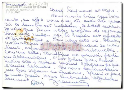 A Doce Normandia — Paisagem rural com casa de colmios, flores brancas e vacas — Editor E.K.M. n°8767 — Verso