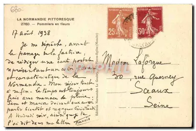 Pommiers w kwiecie — La Normandie pittoresque — Wydawnictwo Normandzkie Le Goubey (Manche) — Rewers