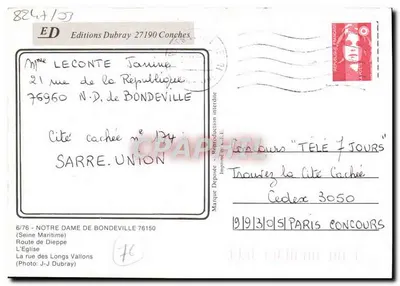 Notre Dame de Bondeville — widok miasta, kościoła i hotelu — Wydawnictwo Dubray — Rewers