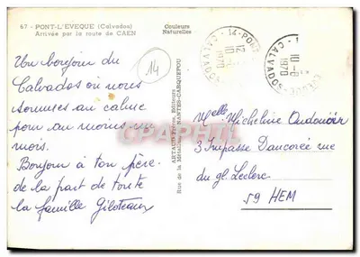 PONT-L'ÉVEQUE (Calvados) — vista da rua com o hotel L'Aigle d'Or e a igreja — editor ARTAUD, Nantes-Carquefou — Verso