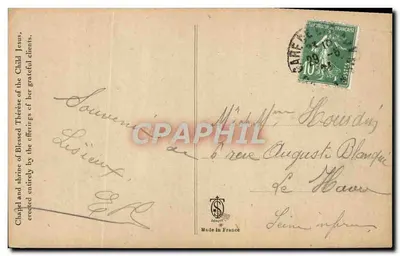 Kaplica i sakristia Béthérèse Dziecka Jezus — wydawca Dérouy, numer serii nieczytelny — Rewers