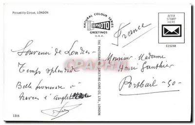 Piccadilly Circus — Londres — The Photographic Greeting Card Co. Ltd. n°1316 — Reverso