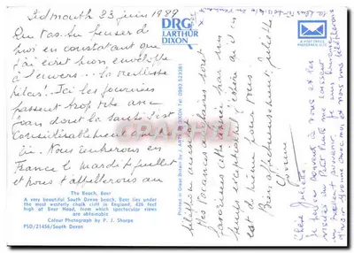 A praia de Beer — Devon — editor J. Arthur Dixon, n° PSD/21456 — Verso