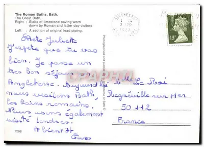 Os Banhos Romanos, Bath — vista interior e piscina — editor Unithome of Bath, n° 1298 — Verso