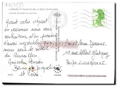 Zachód słońca nad falami — Światło i piękno Morza Śródziemnego — Wydawnictwo S. Audumares, nr 6058 — Rewers