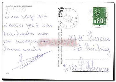 Zachód słońca na Morzu Śródziemnym — widok morza z górami i statkiem — Éditions S.E.P.T. - NICE — Rewers