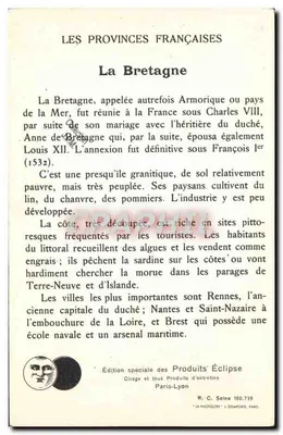 Bretagne — karta pocztowa z serii 'Les Provinces Françaises' — Wydanie specjalne Produits Éclipse — Rewers