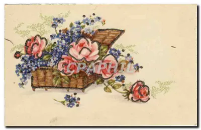 Arranjo de rosas e myosotis — ilustração — editor desconhecido