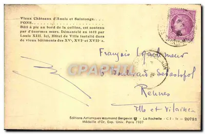 Kastelen van Aunis en Saintonge — Pons — Artistieke Uitgaven Raymond Bergevin — Achterkant