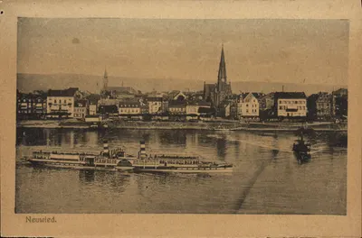 Neuwied — vista do rio Reno com navio a vapor — editor Neuwieder Postkartenverlag