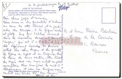 Mulher navajo e criança — diante de um hogan típico — Publicado por Pelely Studios, N.M. n° S-3466-23 — Verso