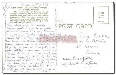 Petrified Forest — Eastern part, Rainbow Forest, Arizona — Distributed by Southwest Post Card Co. — Verso
