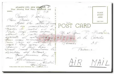 Atlantic City, Nova Jersey — Vista de Park Place, Boardwalk e oceano — Publicado para Jack Freeman, Inc., Longport, N.J. — Verso