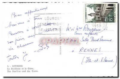 Lourdes — Widok na Bazylikę i rzekę Gave — Wydawnictwo Lourdes Centre Monde de Pèlerin — Rewers
