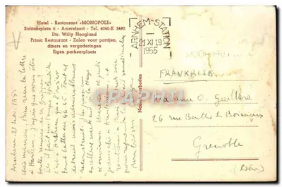 Bilhete postal antigo Hotel Restaurant Monopole Amersfoort — Verso
