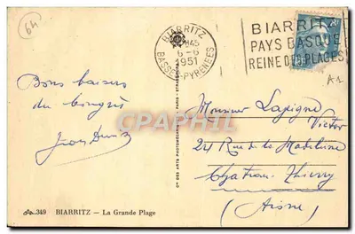 Biarritz — La Grande Plage — C.P. 349, editore C.P. des Arts Photomécaniques — Verso