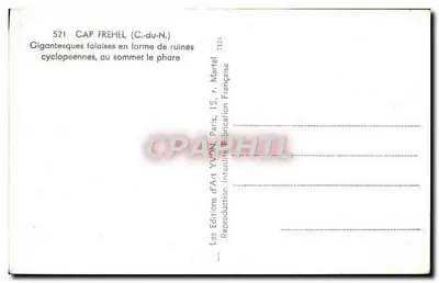 Cap Fréhel (C.-du-N.) — Enormes falésias em forma de ruínas ciclopianas, no topo o farol — Les Éditions d'Art Yvon, Paris — Verso