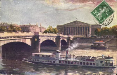 Bilhete postal antigo Paris Ponte da Concorde Barco Peniche