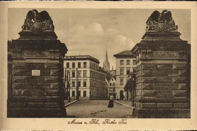Mainz a. Rh., Röthes Tor — porta monumental com águias — editor M. Jacobs, série 230 n° 31