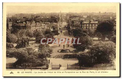 Le Havre - Jardim do Hotel de Ville e Perspectiva sobre a Rue de Paris, em voo de pássaro