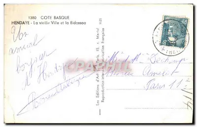 Bilhete postal antigo Cote Basque Hendaye Velha Cidade e a Bidassoa — Verso