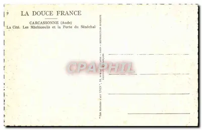 Carcassonne (Aude) — Miasto. Machicolisy i Brama Senechała — Wydawnictwo Aut Yvon, Paryż — Rewers