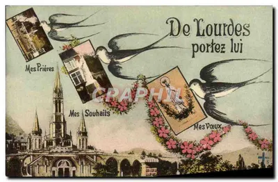 Lourdes — Carta postal ilustrada com andorinhas carregando mensagens — editor não visível
