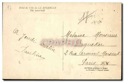 Hôtel de Ville de La Rochelle — editor R. Bergev, n° 445 — Verso