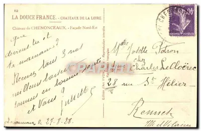 Zamek Chenonceaux — Façada północno-wschodnia — Wydawnictwo Art YVON — Rewers