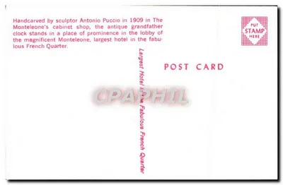 Stara pocztówka — stara zegarowa — wykuta przez Antonio Puccio w 1909 — Monteleone Hotel, Quartier français — Rewers