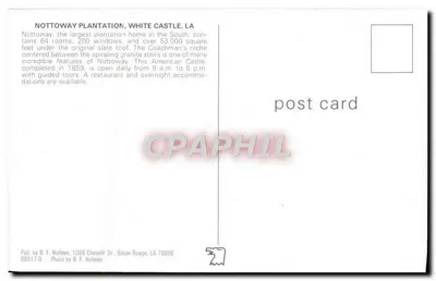 Nottoway Plantation, White Castle, LA — maior plantação do sul — editor B. F. Holmes — Verso