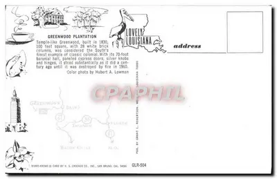 Plantation Greenwood — Louisiana — editor H. S. Crocker Co., n° GLR-504 — Verso