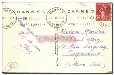 CANNES — Plik plaży, kasyno i Mont-Chevalier — Foto Munier, nr 257 — Rewers