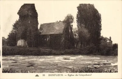Bilhete postal antigo Honfleur Igreja de Criqueboeuf