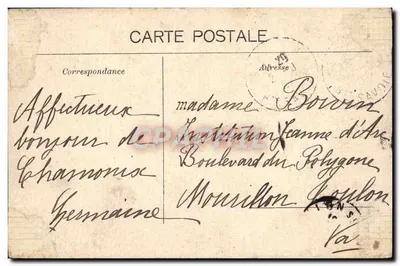 Chamonix i Mont-Blanc — widok panoramiczny z wsi i zasnieżonym szczytem — Charnaux Frères & C°, Genewa, n° 7050 — Rewers