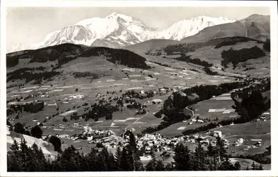 Megève 1113 m. — Vista geral e o Mont Blanc — L. MORAND, Ed. Megève (Alta Saboia)