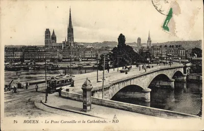 Stara pocztówka Rouen Most Kornet i Katedra