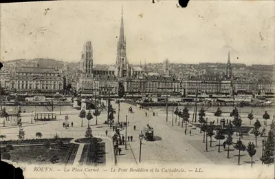 Stara pocztówka Rouen Plac Carnot Most Boieldieu i Katedra
