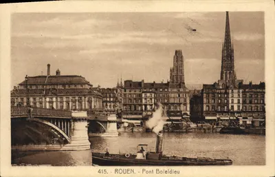 Rouen - Pont Boieldieu — widok rzeki z parowcem — wydawca La Cigogne, nr 415