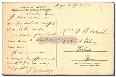 Abbaye de Sablonceaux — Założona w 1136 roku przez Guillaume X d'Agoutaine — Wydawnictwo artystyczne, F. Bergevin, n°4559 — Rewers
