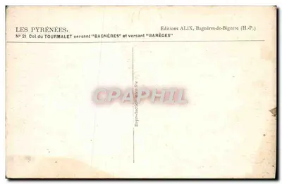 Col do Tourmalet — encostas de Bagnères e Barèges — Edições ALIX, Bagnères-de-Bigorre — Verso