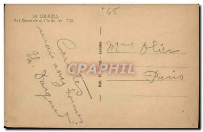 Lourdes — Vue Générale et Pic du Jer — Éditeur Douvret — Verso