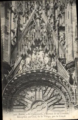 Rouen - La Cathédrale - Portail de la Calende. Réception au Ciel de la Vierge, par le Christ