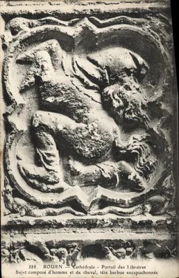 Rouen — Cathédrale — Portail des Libraires — Sujet composé d'homme et de cheval, tête barbue encapuchonnée