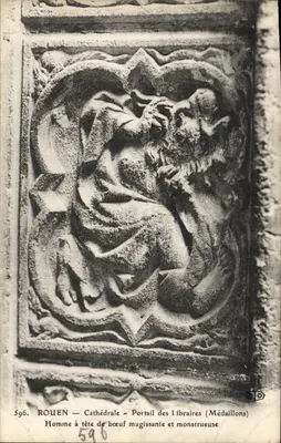 Rouen — Cathédrale — Portail des Libraires (Médaillons) — Homme à tête de bœuf mugissante et monstrueuse — Éditeur C.D. n°596